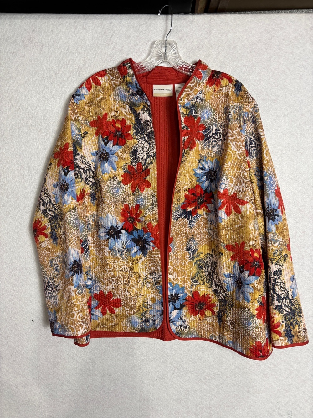 Alfred Dunner Quilted Floral Open-Front Jacket in Red, Blue & Gold